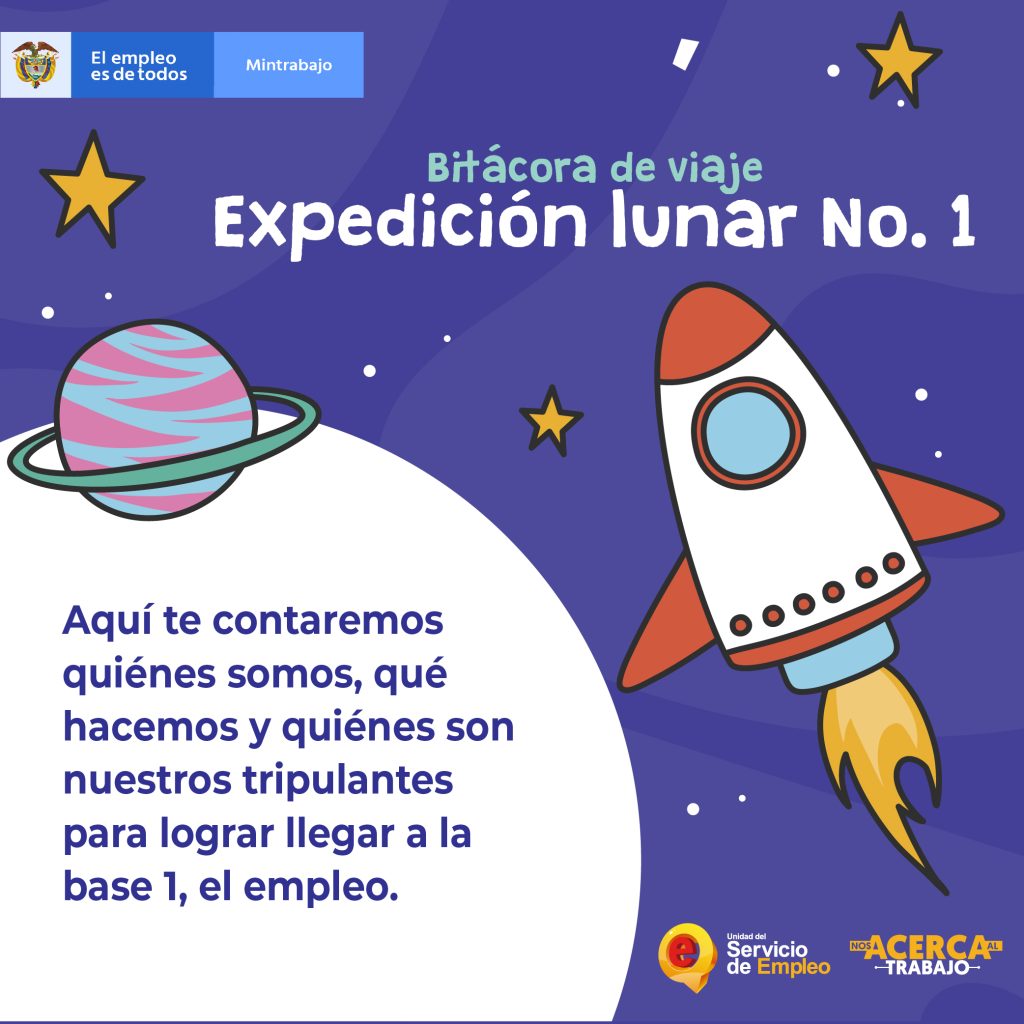 Ilustración espacial con cohete despegando y texto Expedición Lunar No. 1, campaña del Servicio Público de Empleo para explicar qué es y cómo funciona la empleabilidad