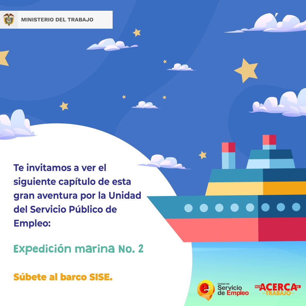 Ilustración con barco en el mar y texto Expedición marina No. 2, misión para profundizar en el match de la empleabilidad, campaña del Servicio Público de Empleo