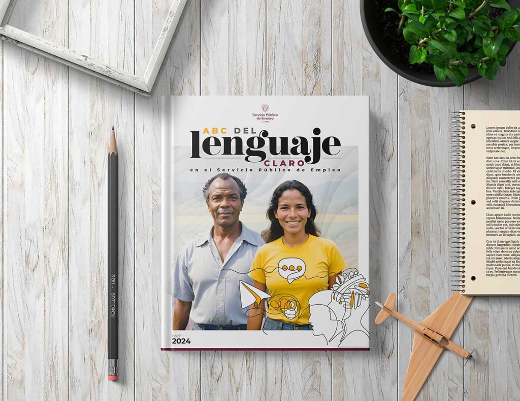 Portada del documento ABC del Lenguaje Claro del Servicio Público de Empleo, con fotografía de un hombre y una mujer sonriendo, sobre un escritorio con lápiz, cuaderno y planta