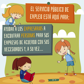 Ilustración de un niño con megáfono anunciando: El Servicio Público de Empleo está aquí para ayudar a los empresarios a encontrar personas según sus necesidades