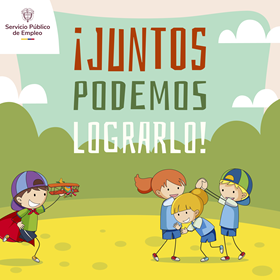 Ilustración infantil de niños levantando los brazos con el mensaje: Juntos podemos lograrlo