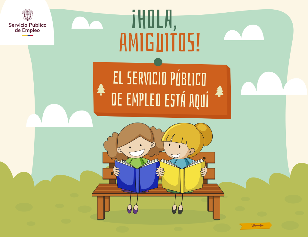 Ilustración infantil de dos niños saludando en un parque con el mensaje: Hola amiguitos, el Servicio Público de Empleo está aquí