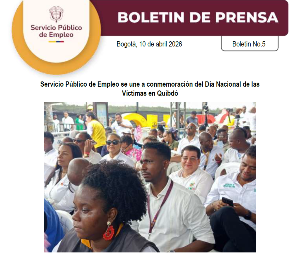 El Servicio Público de Empleo (SPE) se sumó este 9 de abril en Quibdó, Chocó, a la conmemoración del Día Nacional de la Memoria y Solidaridad con las Víctimas del Conflicto Armado, con el propósito de honrar la memoria de quienes han sufrido los impactos de la violencia en Colombia. Más de 20 plazas públicas en todo el país se convirtieron en escenarios de encuentro para rendir homenaje a las víctimas, exaltando su resiliencia y fortaleciendo el llamado colectivo a la verdad, la justicia y la no repetición.